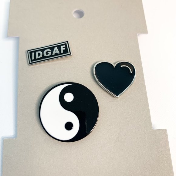 NEW BP IDGAF black white yin yang enamel heart pin set - Picture 2 of 3